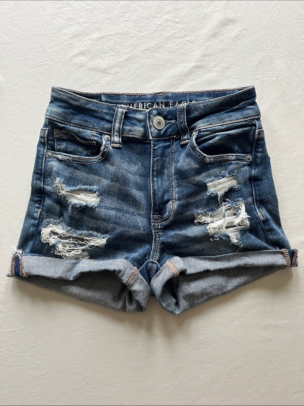 American Eagle Outfitters Blue Distressed Next Level Stretch Hi-Rise Shortie
